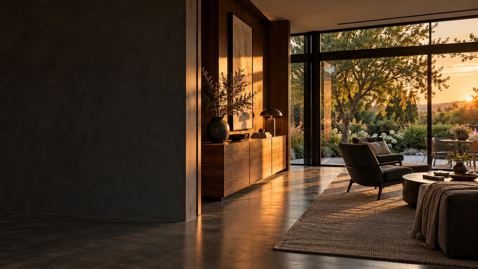 Architektonische Wohnidee mit dunklem Holz und Gartenblick im Abendlicht. KI-generierte Illustration.