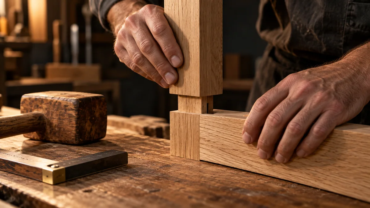 Illustrierte Handwerksszene: Hände fügen eine Holzverbindung zusammen. KI-generiertes Motiv.